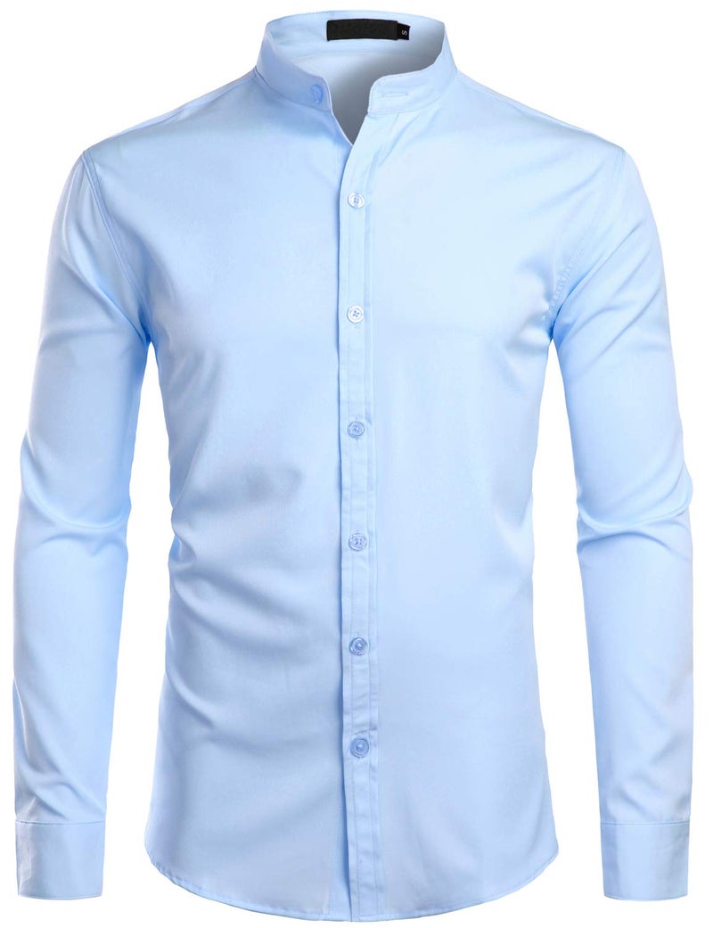 ZEROYAA Mens Hipster Solid Slim Fit Long Sleeve Mandarin Collar Dress Shirts ZLCL08 Light Blue Large - Image 1